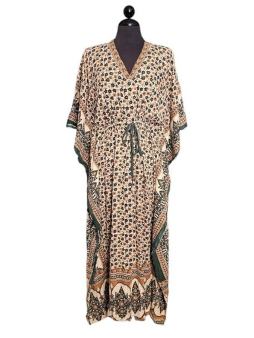 Vintage 70s Floral Print Cotton Kaftan Batwing Maxi Dress Green Cream OS Women's